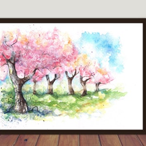 Impression d’arbres de cerisier, artcards originaux d’aquarelle, affiche de faune, cartes postales d’aquarelle de campagne, cadeau pour la famille et les amis