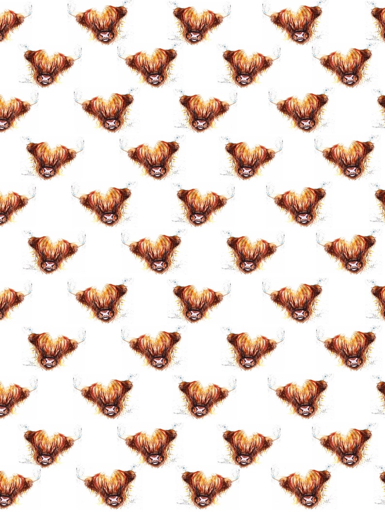 May include: A seamless pattern featuring watercolor illustrations of Highland cattle heads. The cattle are brown with white markings and have long, shaggy fur. The background is white.