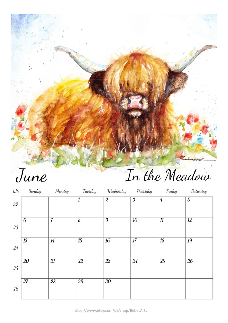 2021 wall calendar Highland Cows Watercolour 2021 Etsy