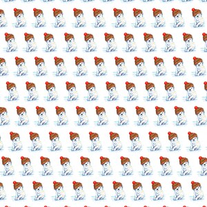 May include: A repeating pattern of watercolor illustrations featuring a white dog wearing a brown knit hat with a red pom-pom. The dogs are sitting, facing forward, and are set against a white background. The artwork has a whimsical, playful style.