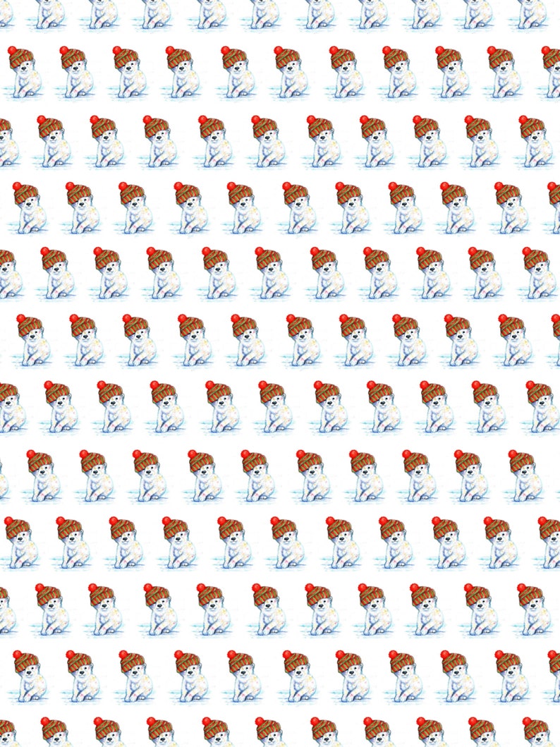 May include: A repeating pattern of watercolor illustrations featuring a white dog wearing a brown knit hat with a red pom-pom. The dogs are sitting, facing forward, and are set against a white background. The artwork has a whimsical, playful style.