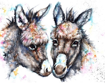 Donkeys watercolour painting , wall art home decor. Donkeys print . Donkeys picure.