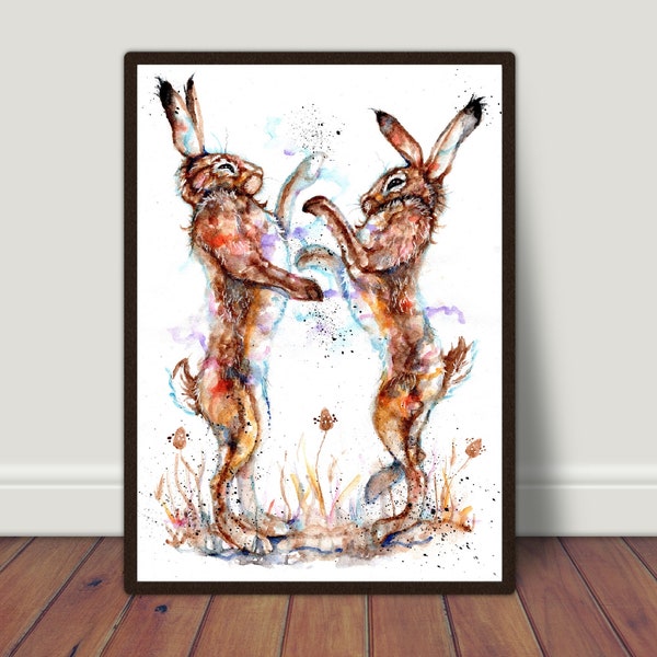 Boxing Hares watercolour Print