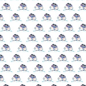 May include: A repeating pattern of watercolor penguins, each wearing a scarf. The penguins are in pairs, hugging each other. The scarves have a blue, pink, and yellow pattern. The background is white.