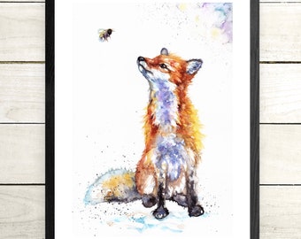 Fox giclee print, wildlife watercolour art, fox and bee card.
