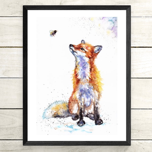 Fox giclee print, wildlife watercolour art, fox and bee card.