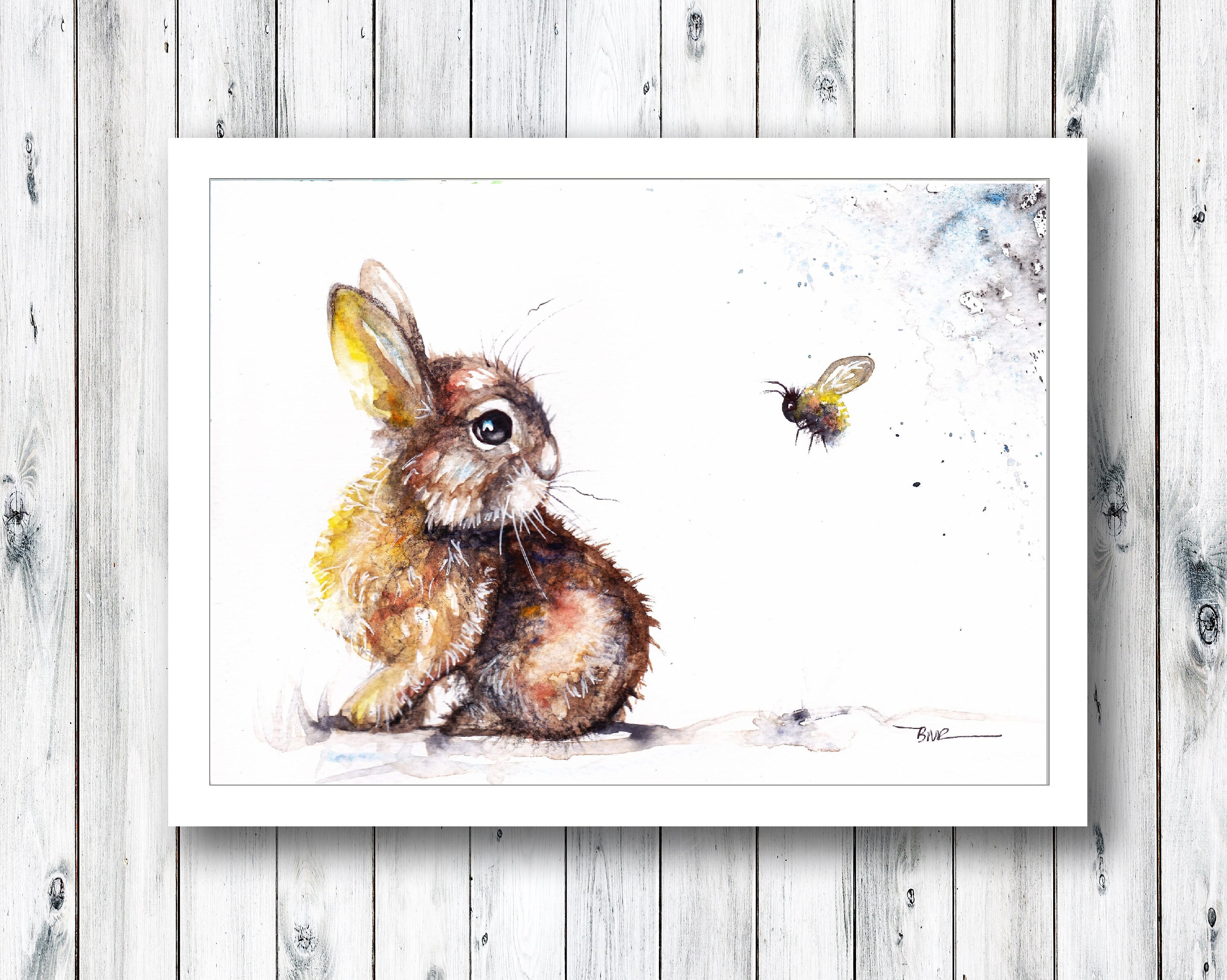Rabbit and Bee Art Watercolour Print Rabbit Wall Art Floral Etsy