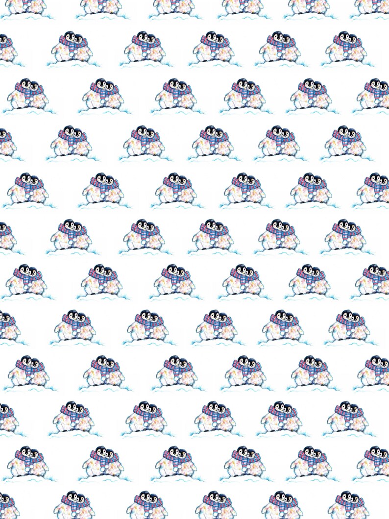 May include: A repeating pattern of watercolor penguins, each wearing a scarf. The penguins are in pairs, hugging each other. The scarves have a blue, pink, and yellow pattern. The background is white.