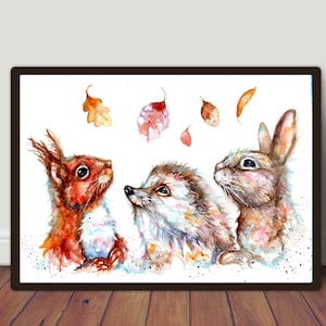 O outono, outono, folhas, animais da floresta e folhas Pintura em aquarela original, impressões, cartões artísticos, pintura, imagem, vida selvagem, obras de arte, pôster,
