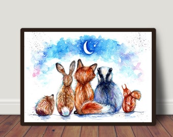 Puede incluir: Pintura acuarela de un erizo, un conejo, un zorro y una ardilla mirando hacia arriba a una luna creciente y estrellas en un cielo azul.