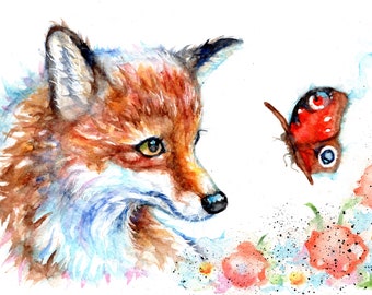Fox  print picture original watercolour painting, British wildlife art .