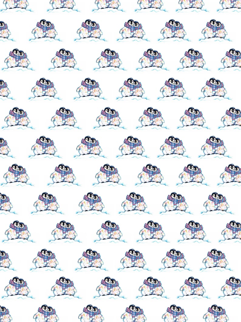 May include: A repeating pattern of watercolor penguins, each wearing a scarf. The penguins are in pairs, hugging each other. The scarves have a blue, pink, and yellow pattern. The background is white.