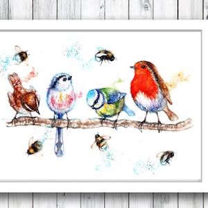Impresión de arte de acuarela de pájaros y abejas.