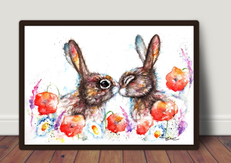 Prints Rabbit,Kissing Watercolour Painting,Original Art Flowers Art Card,Original Watercolour Art,Watercolour Artist,Poster,Vegan