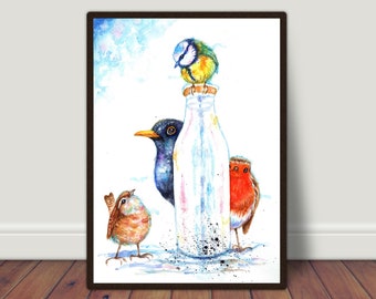 Birds wall art, garden birds original watercolour .