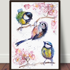 Originali Uccellini e Fiore Acquerello Pittura, Stampa, Acquerello, Pittura, Carta D'Arte, Poster, Regalo per lei,Arte incorniciata
