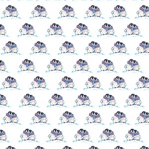 May include: A repeating pattern of watercolor penguins, each pair hugging and wearing a scarf. The scarves have a blue, pink, and yellow floral design. The penguins are on a white background.