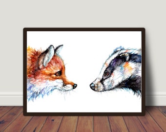 May include: Watercolour painting of a fox and a badger looking at each other. The fox is orange and white, and the badger is black and white.