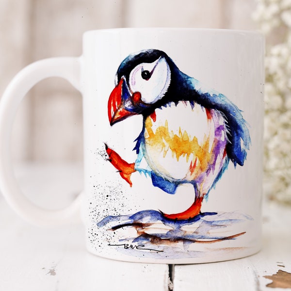 Kubek z motywem maskonura, kubek z akwarelą przedstawiającą dziką przyrodę, naczynie do picia z maskonurem.