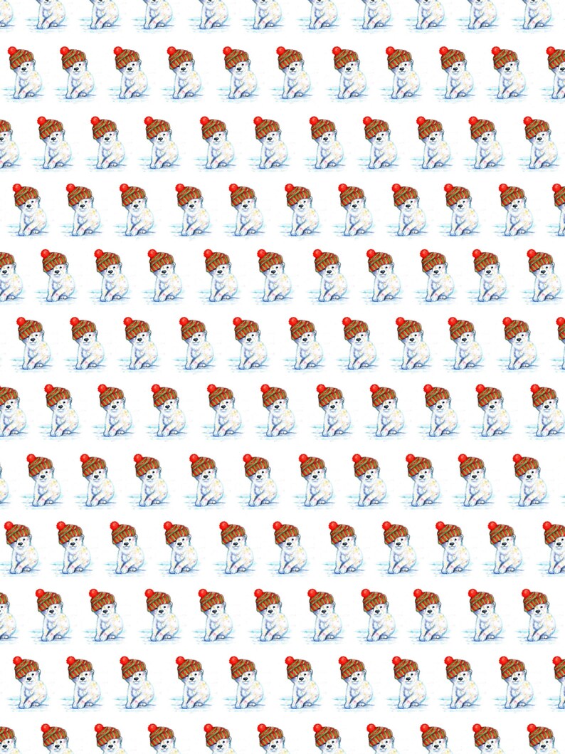 May include: A repeating pattern of watercolor illustrations of white dogs wearing brown knit hats with red pom-poms. The dogs are sitting and looking to the side against a white background. The hats have a textured appearance.