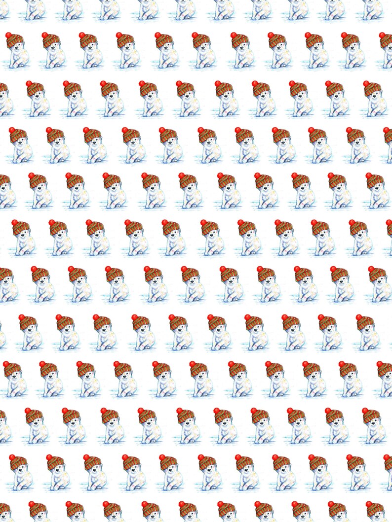 May include: A repeating pattern of watercolor illustrations featuring a white dog wearing a brown knit cap with a red pompom. The dogs are sitting, facing forward, and are set against a white background. The artwork has a whimsical, playful style.