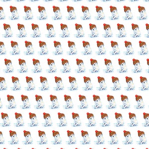 May include: A repeating pattern of watercolor illustrations featuring a white dog wearing a brown knit cap with a red pom-pom. The dogs are sitting, facing forward, and are set against a white background.