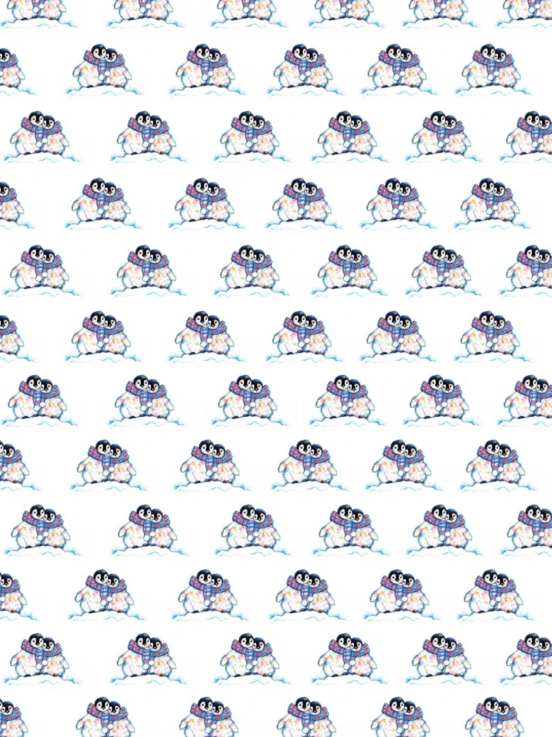 May include: A repeating pattern of watercolor penguins, each with a black head and white body, wearing a blue and pink scarf. The penguins are hugging each other and standing on a snowy surface against a white background. The design is whimsical and playful.