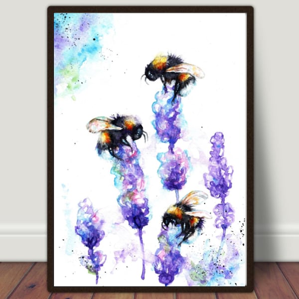 Bees art print, Bee and lavender wall art, bees watercolour painting art.