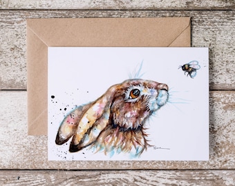 Hare and bee celebration greetings blank art card .