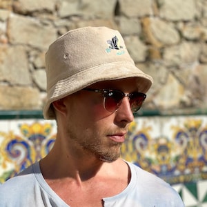 Unisex bucket hat, Embroidered Bucket Hat, Beige bucket hat, Terry towelling bucket hat, High-quality bucket hat, Sun-protective bucket hats