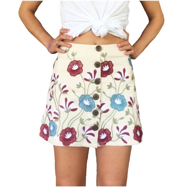 Wildflowers Mini, Embroidery Mini Skirt, Button Up Mini Skirt, Embroidery Mini