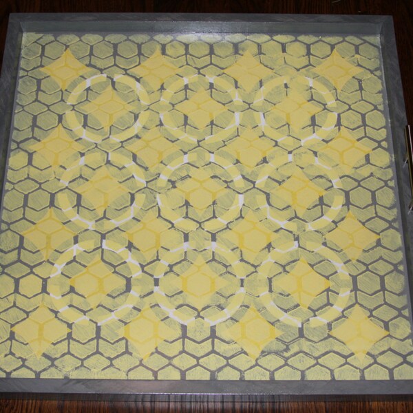 Hand Painted 24" x 24" Extra Large Custom Handcrafted Ottoman Tray, Bright & Pale Yellow, Dark and Light Gray, with white accents