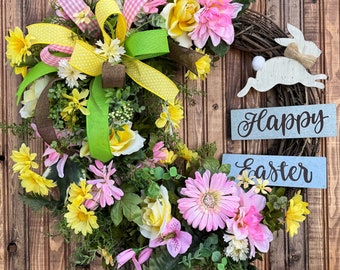 Easter Wreath, Front Door Wreath, Floral Wreath, Bunny Wreath, Spring Wreath for Front Door, Mothers Day Gift, Spring Grapevine Wreath