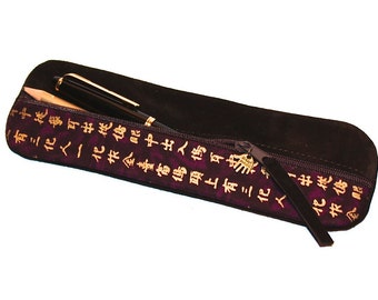 Pencil case  leather  & fabric gold violet  japanese / chinese Kanji UNIQUE