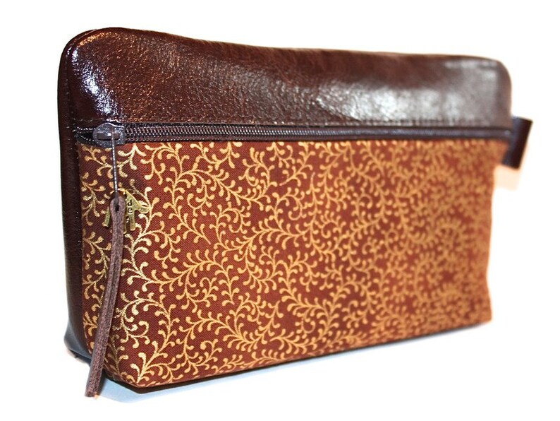 cosmetic bag leather & fabric brown and gold image 3