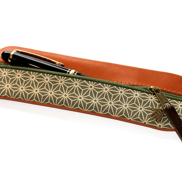 Pencil case leather & fabric Japanese ASANOHA