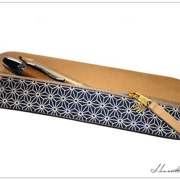 Pencil case leather & fabric Japanese blue