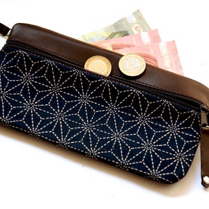 Cartera 2 compartimentos PIEL y tejido “asanoha”