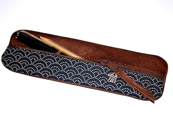 Leather pencil case, brown; fabric, waves, Japanese design; handmade pencil case; unique item; gift for university or office; elegant
