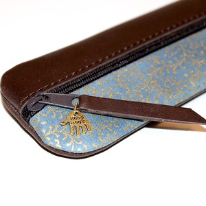 Elegantes Federmäppchen Leder & Stoff gold blau Bild 2