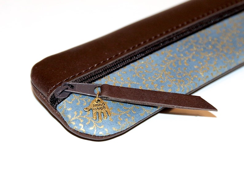 Elegantes Federmäppchen Leder & Stoff gold blau Bild 2