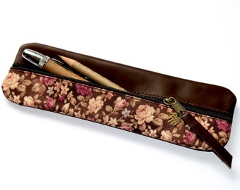 Elegant pencil case LEATHER & fabric ROSES