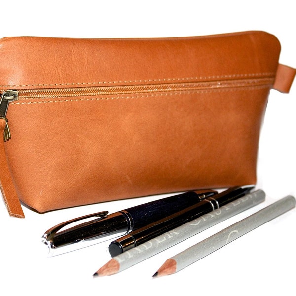 Pen case pencil case 100% leather reddish brown large