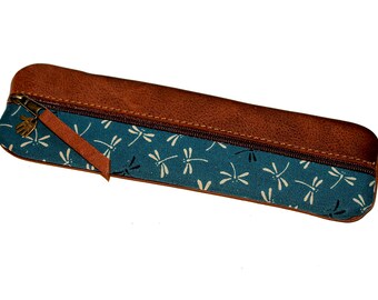 Leather pencil case, brown; fabric with dragonfly print, petrol blue; Japan; pencil case for 14 pencils; handmade; elegant gift; unique item