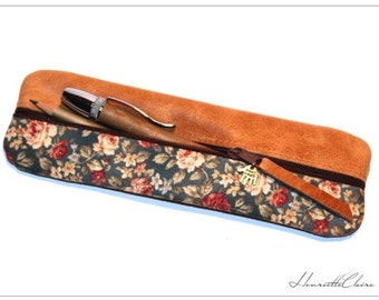 Romantic Pencil case leather & fabric with roses UNIQUE