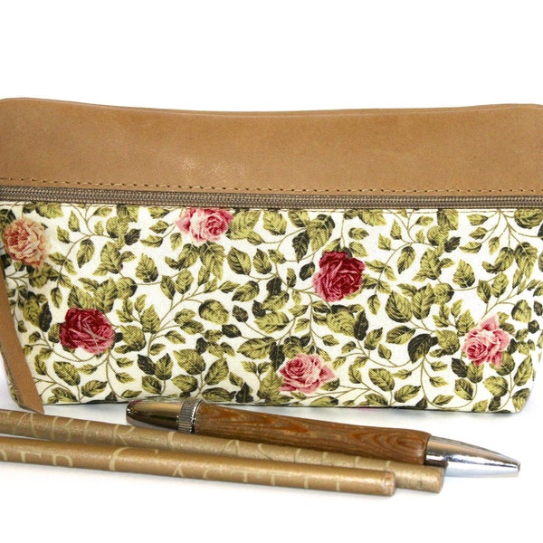 Pen Bag Cosmetic Bag Leather & Fabric Roses