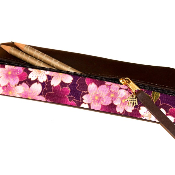 Unique pencil case leather & cherry blossoms