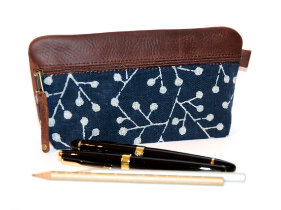 Pencil Case LEATHER & Fabric Asanoha Dark Blue JAPANESE UNIQUE 