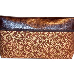 cosmetic bag leather & fabric brown and gold image 1