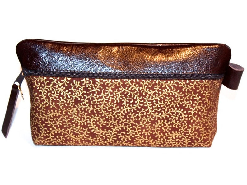 cosmetic bag leather & fabric brown and gold image 1